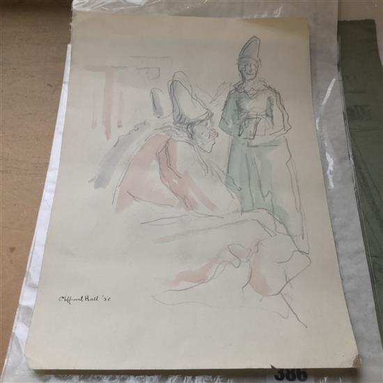 2 Clifford Hall drawings and 2 prints unframed.